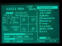 b Meranie signalnej kvalty v praxi SATLOOK Micro identifikuje tv paket GeoTel z druzice ABS 1 na 75E